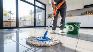 Expert cleaning and detailing of tiled floors in a modern interior by Samrat Auto Accessories Fitting.